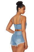 Pearl Detail Denim Short Set by The House of Stylez