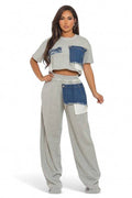 Two Piece Heather Gray Patch Denim Detail Pants Set by The House of Stylez