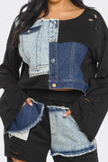Long Sleeve Patch Denim Detail Pants Two Piece Set {Tall Girl Friendly} by The House of Stylez