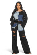 Long Sleeve Patch Denim Detail Pants Two Piece Set {Tall Girl Friendly} by The House of Stylez