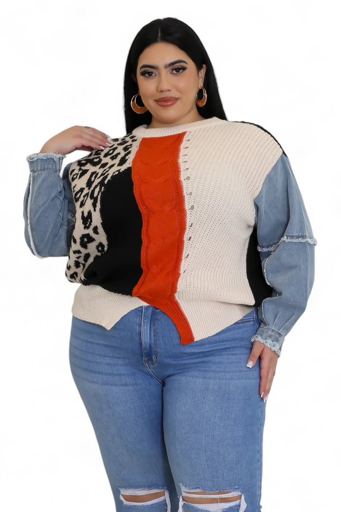 Curvy Leopard/Ivory/Rust/Black Denim Sleeve Sweater Top by The House of Stylez