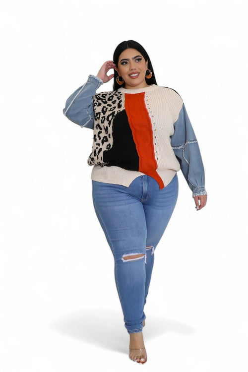 Curvy Leopard/Ivory/Rust/Black Denim Sleeve Sweater Top by The House of Stylez