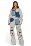 Long Sleeve Patch Denim Detail Pants Two Piece Set {Tall Girl Friendly} by The House of Stylez