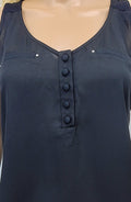 BCX Chiffon Front Knit Back Henley Tank, Black, Size Small by Vanessa Jane