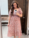 Floral Square Neck Short Sleeve Tiered Dress - Pink