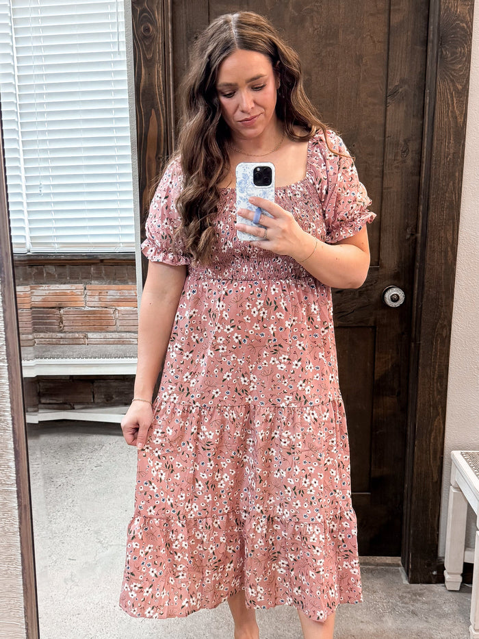 Floral Square Neck Short Sleeve Tiered Dress - Pink by Boutique 23