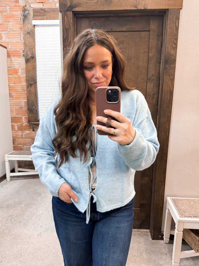 Brushed Front Tie Sweater: Sky by Boutique 23