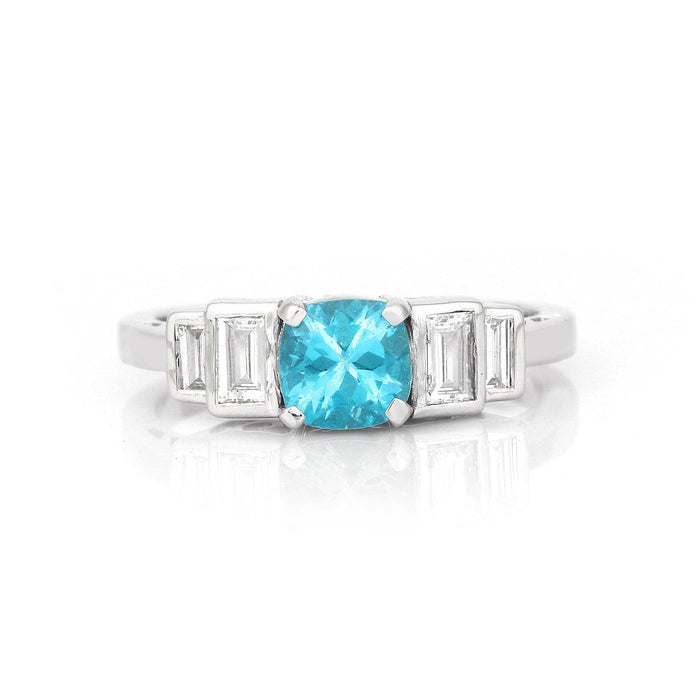 1.05 Ct Cushion Blue Natural Paraiba Apatite Prong Rhodium Plated Sterling Silver Baguette Accents Five Stone Ring by Fine Color Jewels