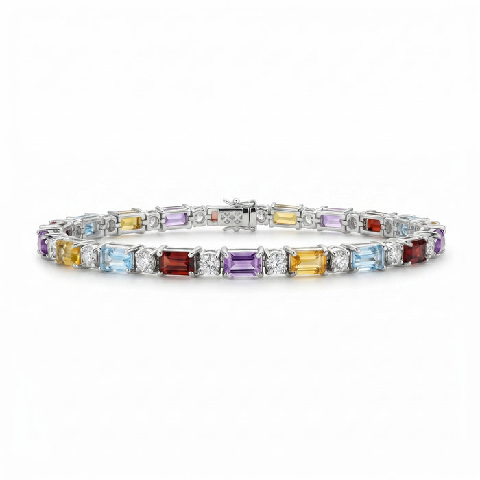 11.8 Ct Baguette Rainbow Multi-Gemstone Prong Silver Alternating Inline Box Clasp Tennis Bracelet by Fine Color Jewels