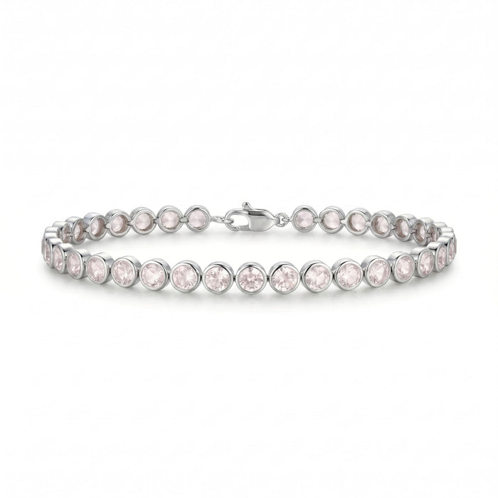 8.12 Ct Round Pink Rose Quartz Bezel Sterling Silver Inline Lobster Clasp Tennis Bracelet by Fine Color Jewels