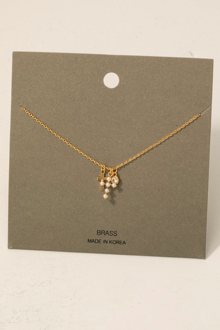 Pearl Cross And Gem Charms Chain Necklace by Boutique 23