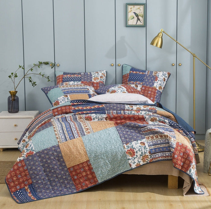 DaDa Bedding Bohemian Vibes Mediterranean Blue Floral Patchwork Quilted Bedspread Set (JHW878) by DaDalogy Bedding Collection