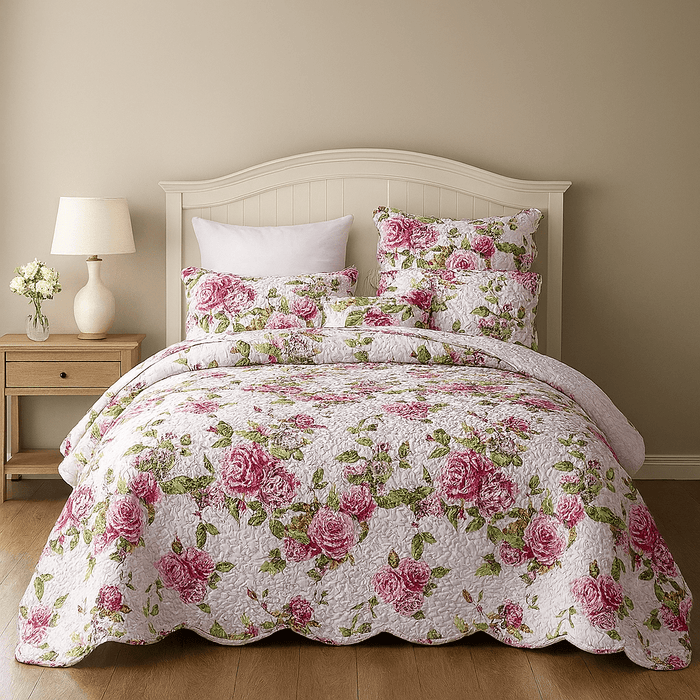 DaDa Bedding Pink Romantic Roses Floral Quilt Set by DaDalogy Bedding Collection