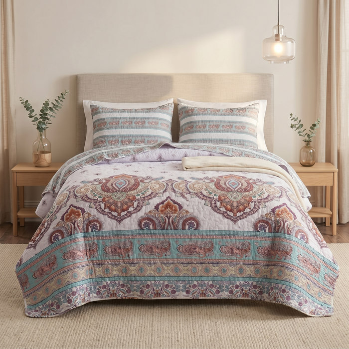 DaDa Bedding White Blue Floral Paisley Quilt Set by DaDalogy Bedding Collection