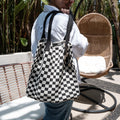 Black Checkered Tote Bag - Washable Cotton Knit with Key Ring by CASUPO