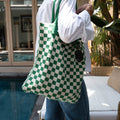 Green Checkered Tote Bag - Washable Cotton Knit with Key Ring by CASUPO