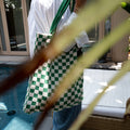 Green Checkered Tote Bag - Washable Cotton Knit with Key Ring by CASUPO