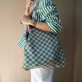 Pink and Green Checkered Tote Bag - Washable Cotton Knit with Key Ring by CASUPO