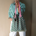 Pink and Green Checkered Tote Bag - Washable Cotton Knit with Key Ring by CASUPO
