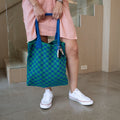 Blue and Green Checkered Tote Bag - Washable Cotton Knit with Key Ring by CASUPO