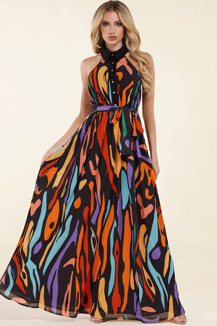 Multicolor Abstract Print Maxi Dress by Fasheabe