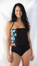 Anne Cole Womens Swimwear Black Blouson One-Piece Floral by Vanessa Jane