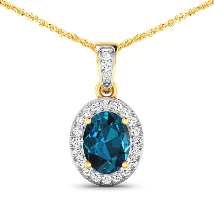 14K Yellow Gold London Blue Topaz Pendant with Diamonds by Fine Color Jewels