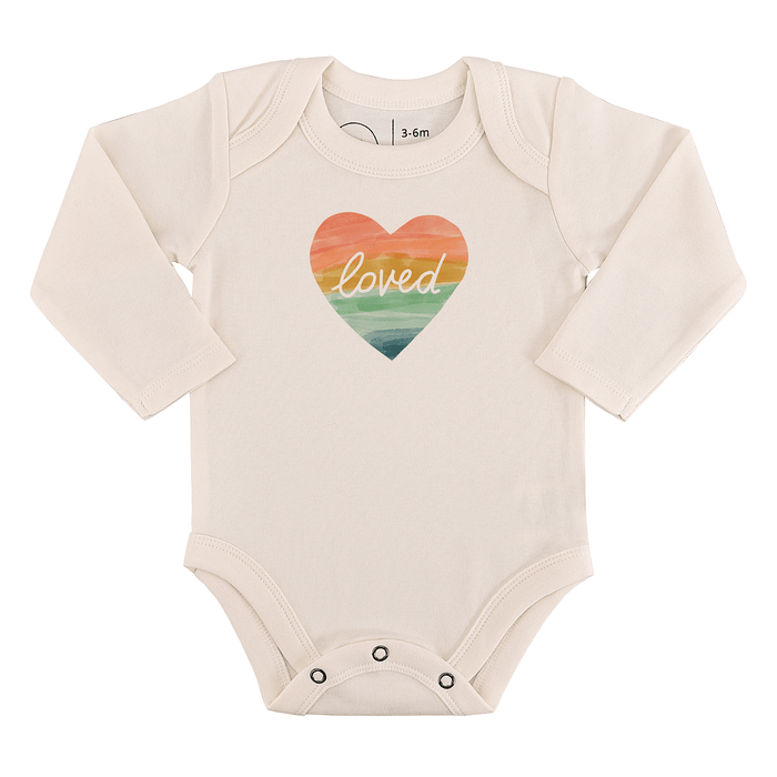 long sleeve graphic bodysuit | loved rainbow heart by Finn + Emma