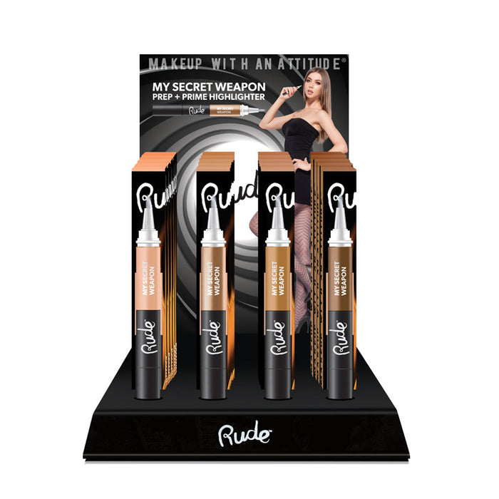 RUDE My Secret Weapon Prep / Prime Highlighter Acrylic Display Set, 48 Pieces + 4 Testers by Avera Group