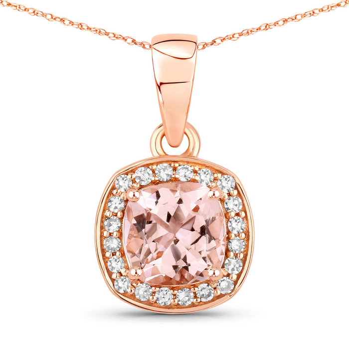 14K Rose Gold Cushion-Cut Morganite Halo Necklace by Fine Color Jewels
