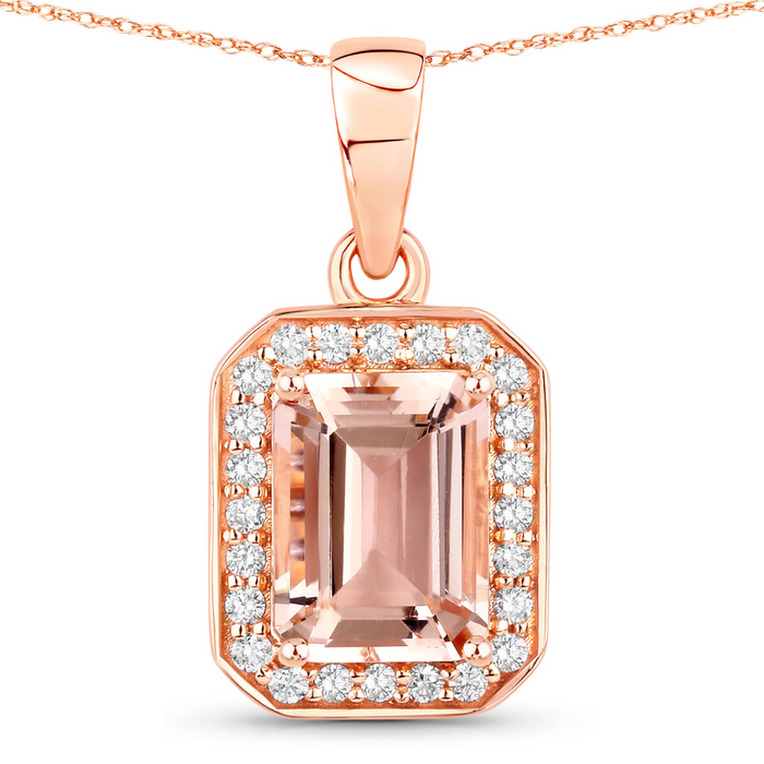 14K Rose Gold Octagon-Shaped Halo Morganite Necklace by Fine Color Jewels