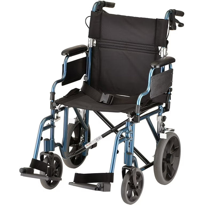 NOVA Lightweight Transport Wheelchair, 12" Rear Wheels, Removable Flip-Up Arms, Anti-Tippers Included, Blue by Pasteur Pharmacy