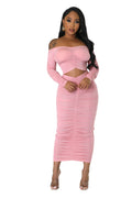 Off the Shoulder Long Sleeve Ruched Midi Dress by The House of Stylez