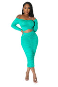 Off the Shoulder Long Sleeve Ruched Midi Dress by The House of Stylez