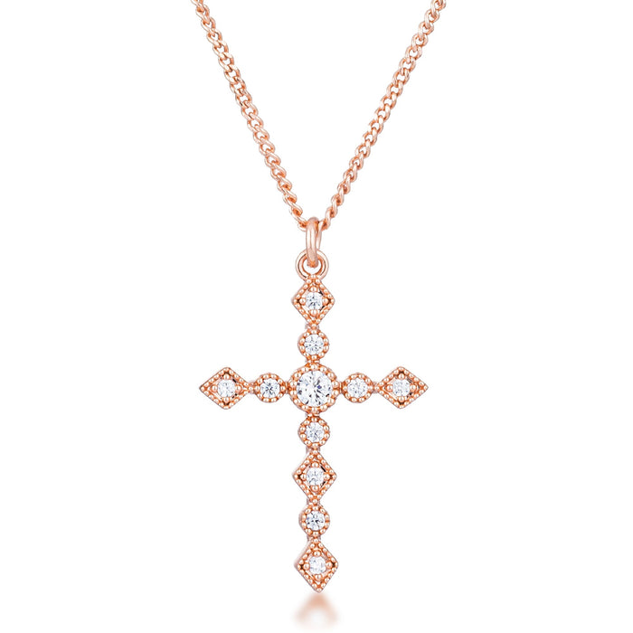Avera Dainty Art Deco Plated CZ Cross Pendant - Pink Stone by Avera Group