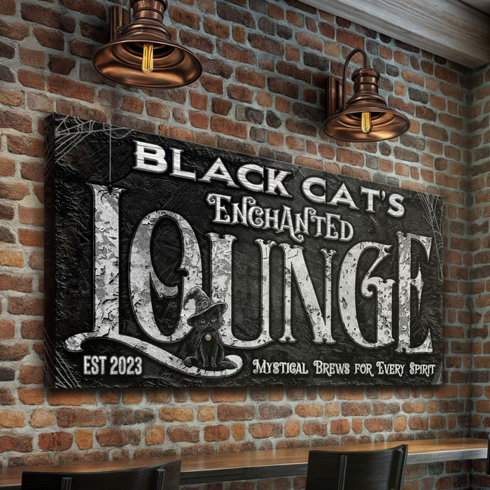 Black Cat's Enchanted Lounge Halloween Sign by Tailored Canvases
