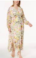 INC Womens Yellow Printed Long Sleeve V Neck Maxi Dress Plus, Size 1X by Vanessa Jane