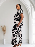 Lori Print Black and White Matching Plus Size Pants Set With Pockets by Fasheabe