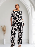 Lori Print Black and White Matching Plus Size Pants Set With Pockets by Fasheabe