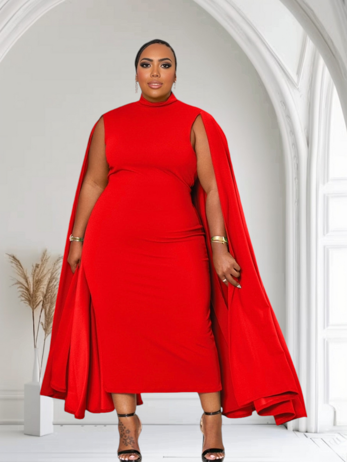 The Stella Cape Plus Size Midi Dress - Red by Fasheabe