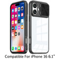 Clear Hybrid Case for iPhone 16 6.1-Inch with Rear Lens Sliding Cover and Tempered Glass by Merch Section