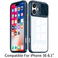Clear Hybrid Case for iPhone 16 6.1-Inch with Rear Lens Sliding Cover and Tempered Glass by Merch Section