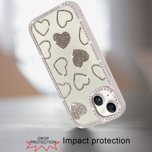 Rhinestone Hearts Bling Trim Case for iPhone 13 14 with Tempered Glass by Merch Section