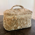 Quilted Velvet Vanity Case – Spacious Vintage-Inspired Cosmetic Bag with Handle & Jeweled Zipper Pulls