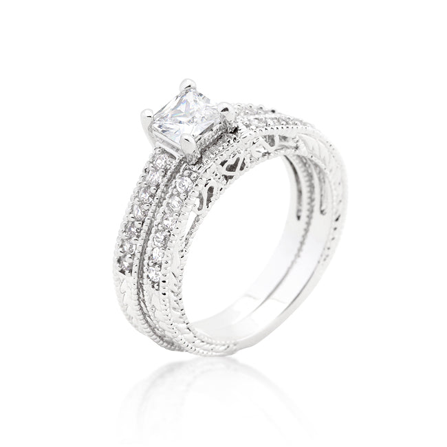 Avera Princess Cut Filigree Bridal Ring Set in Sterling Silver by Avera Group