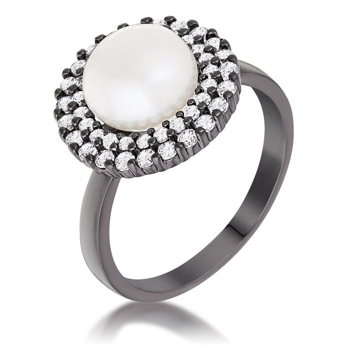 Avera Hematite Double Halo Ethereal Pearl Cocktail Ring by Avera Group