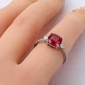 Cushion Red Lab Grown Ruby Prong Silver Three Stone Ring by Fine Color Jewels