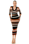 Multi Color Stripe V-Neck Crop Top & Two Piece Midi Skirt Set