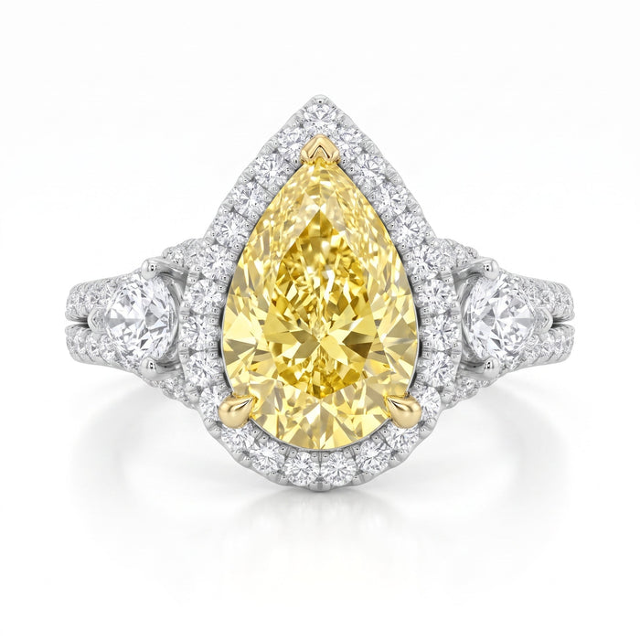 3Cttw Pear Shaped Yellow Lab Grown Diamond (F/VS) Three Stone Bold Accented Engagement Ring in 14K Gold by Fine Color Jewels
