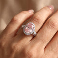 3Cttw Oval Shaped Pink Lab Grown Diamond (F/VS) Three Stone Halo Enagement Ring 14K Gold by Fine Color Jewels
